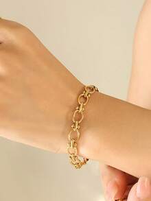 Nooxian 1pc Women's Bracelet, Waterproof Beach Vacation Layered Style, Stainless Steel Hollow Oval Handmade Chain Bracelet, Daily Accessory Gift (Chain Links & Beads Quantity Random) - Yellow Gold - View 1