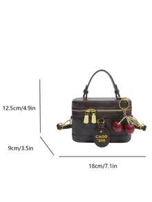 1 Set Retro Brown Box-Shaped Handbag With Quilted Embroidery Strap Shoulder Bag, Comes With Cherry Pendant - Coffee - View 8