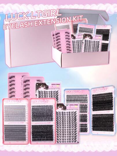 LUCK LTGIRL 1488 racimos + 20 pares, Extensión de pestañas en forma de D, Kit de extensión de pestañas con racimos, Kit de extensión de pestañas individual de 8-16 mm 10D 20D 30D 40D 50D 60D 80D 100D, para uso personal (Kit)