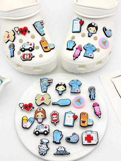 20pcs Medical Theme Cartoon Shaped Hole Shoe Charms, Blue White Red Color, Decorative Function, PVC Material, Cute & Adorable Style, Suitable For Clogs