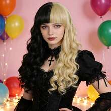 Women's Long Curly Color Split Wig With Bangs, Heat Resistant Synthetic Hair With Fringe, Anime Cosplay Holiday Party Costume Wig, High Density Natural Looking Wig For Daily Wear Comic Con Exhibition, Comfortable Durable Beginner-Friendly Festive Accessories, Christmas Birthday Gift For Women High Density Hair Replacement Wig(Black/Yellow & Black/Rose-Red) - Multicolor - View 2