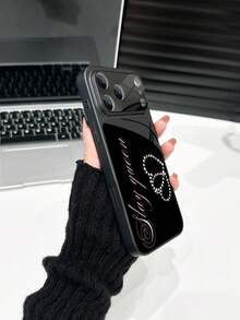 Luxury Black Sparkling Rhinestone Customized Heart Tempered Glass Lens Protection Matte Anti-Drop Phone Shockproof Case 1pc Compatible With Iphone 17/17Pro/17ProMax/17Air/16/16Pro/16ProMax/16Plus/15/15Plus/15Pro/15ProMax/14/14Plus/14Pro/14ProMax/13/13Pro/13ProMax/12/11 Phone Accessories Full Coverage High-End Protection Cover Birthday Anniversary Gift Party - Black - View 3