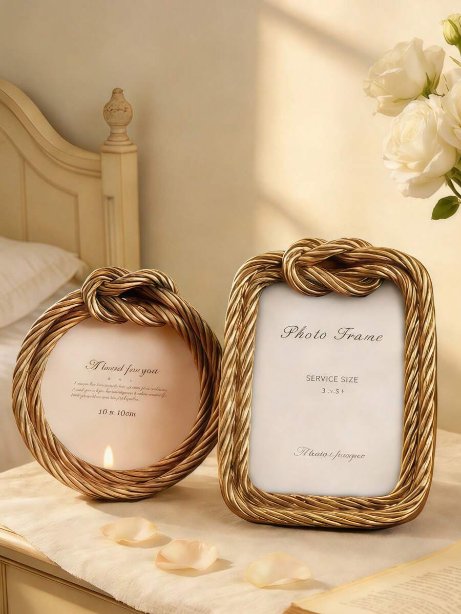 Elegant Gold Rope Knot Photo Frame Set - Vintage Round And Rectangular Decorative Frames, Suitable For Bedroom Vanity, Living Room Tabletop, Wedding/Birthday Gift, Exquisite Twisted Design Photo Display, Fits 4x6/5x7 Photos, Fashionable Home Decor Accent - Multicolor - View 1
