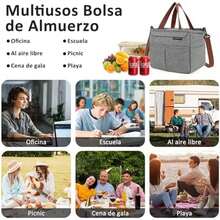 FUWEN Gran Capacidad Bolsa del Almuerzo, Bolsas Térmicas para Hombres y Mujeres Reutilizable, con Correa, Tenedor, Cuchara, Cristales Hielo, Forro a Prueba de Fugas, para Picnic, Trabajo, Camping - Gris - Ver 6