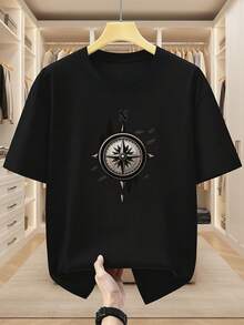 Plus Size Men's 100% Cotton Short Sleeve T-Shirt Men's Round Neck Short Sleeve T-Shirt Compass And Pine Tree Print Fashion Outdoor Style Comfortable Casual Short-Sleeved T-Shirt In Summer - 黑色 - 查看 2