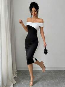 Women's Fashionable Elegant Contrast Color Fitted Midi Dress, Short Sleeve Pencil Dress Design, Suitable For Party Wear Summer - Multicolor - View 4