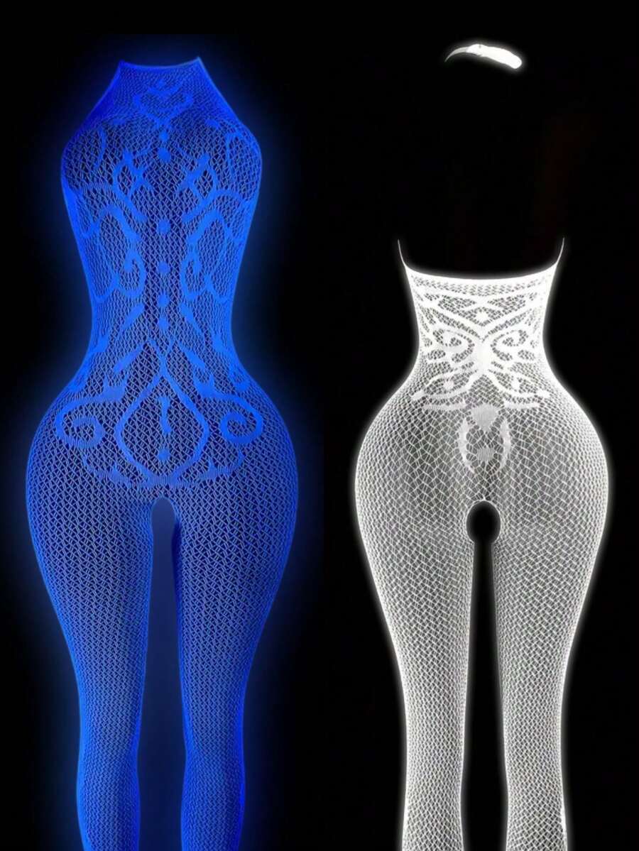 1 Piece Of Glow-In-The-Dark Fishnet Bodysuit, Open-Crotch Sheer Mesh Bodysuit With Light-Up Mesh, Women's Sexy Lingerie, Women's Erotic Bodysuit, Women's Glow-In-The-Dark Party Lingerie, Role-Play Costumes, Exotic-Style Apparel, Erotic Bodysuits, Bodysuits, Women's Sexy Bodysuits, Valentine's Day Lingerie - 白色 - 查看 1