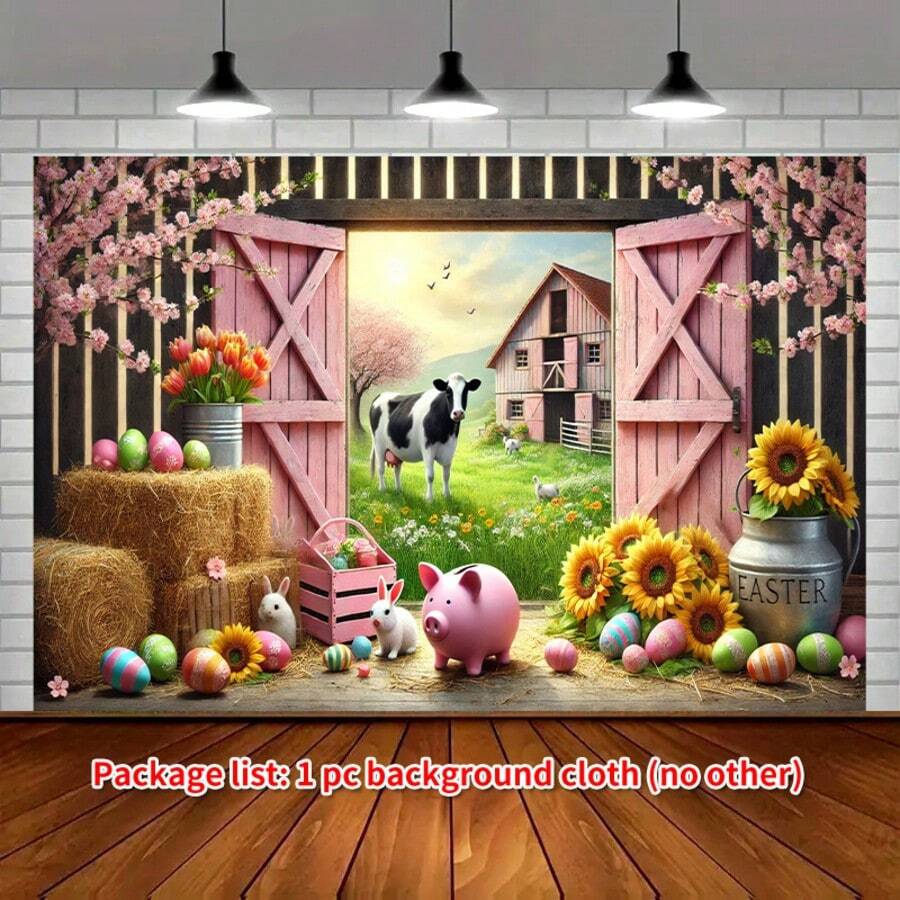 2D平面复活节农场场景涤纶横幅，单件装 - 鲜艳的粉色谷仓和向日葵，点缀着兔子、小鸡和复活节彩蛋 - 春夏秋三季室内外背景，适用于复活节派对装饰、乡村风格家居花园装饰 - 涤纶面料，色调柔和，充满乡村魅力，高品质印刷，耐候材料，节日庭院装饰，季节性装饰品
