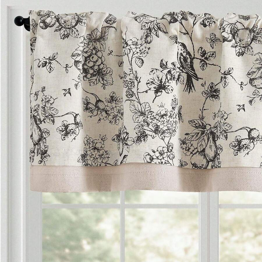 Linen Valance Kitchen Curtain Double Layer 16 Inch Living Room Bedroom Bathroom Window Treatment Blackout Vintage Rustic Farmhouse Cottagecore Rod Pocket 1 Panel On Beige - 印花布 | 黑色 - 查看 1