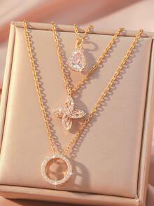 3pcs Set: Zirconia Teardrop + Four-Leaf Flower + Full Zirconia Circle Necklace Set, Delicate Multi-Layer Pendant Necklace, Luxury Gentle Niche Clavicle Chain, Suitable For Daily, Date, Dress Matching, Exquisite Elegant Jewelry Set