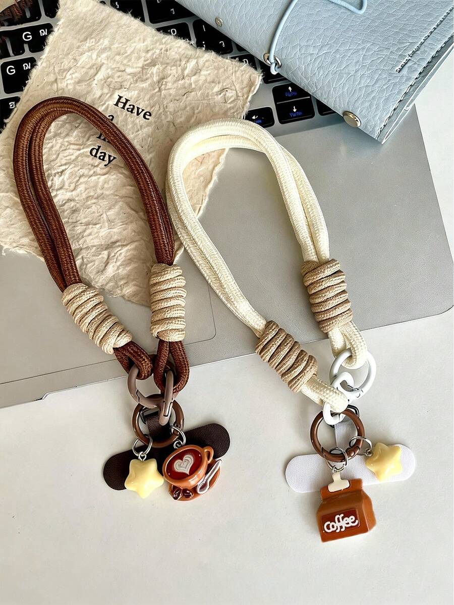 1个星形咖啡杯手机挂绳腕带，创意可爱牛奶咖啡钥匙扣吊坠腕带短绳，男女通用手机壳配件轻便腕带，情人节小礼物 - 彩色 - 查看 1