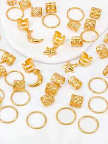 44pcs Star & Moon Pattern Hair Scrunchies Set, Unique Gold Dreadlock Hair Accessories, Hair Scrunchies Braiding Decor, Suitable For Makeup And Party - Gold - View 5