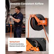 Bobina de manguera de aire retráctil, manguera de aire de goma de 1/2 pulgadas x 50 pies Max 300PSI, Bobina de mangueras de compresor de aire de rebobinado automático con plomo de 5 pies, montaje en techo / pared doble brazo de acero pesado - 1/2 pulgada x 50 pies - Ver 6