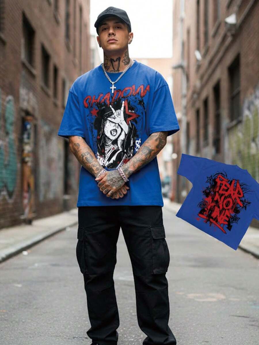 Shadow Graphic T Shirts For Men, 100 Percent Cotton Oversized T Shirt, Dark Aesthetic Punk Camisetas Para Hombre - 藍色 - 查看 1