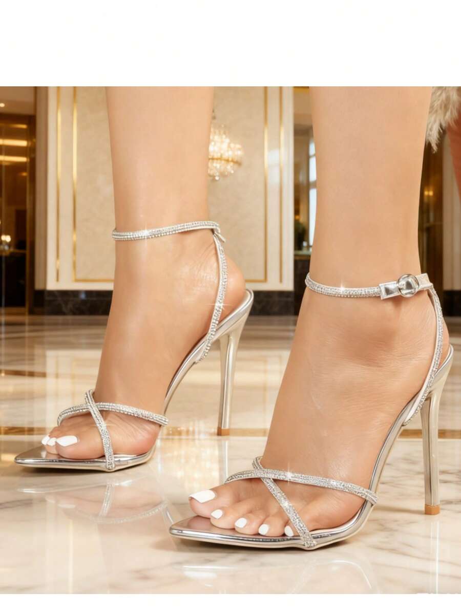 法式夏季女士绑带凉鞋，新款百搭露趾水钻交叉绑带性感法式时尚细高跟凉鞋 - 銀色 - 查看 1