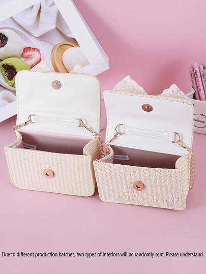 1pc Beige Woven Bag With Pearl, Bow Decor, Metal Chain Strap, Zipper Closure, Suitable For Holidays And Daily Use