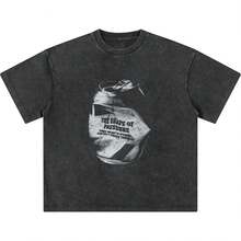 Laixton Men's Pattern T-Shirt Unisex Cotton Oversized T-Shirt Short Sleeve Retro Streetwear Casual T-Shirt Top Comfortable Washed Cotton T-Shirt - 時尚街頭黑 - 查看 5