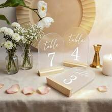 Placa de número de mesa de acrílico esmerilado con base de madera, decoración minimalista, adecuada para recepción de bodas, despedida de soltera, decoración de número de mesa, decoración de bodas, decoración del Día de San Valentín - Multicolor - Ver 4