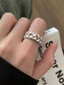 Bộ 5 chiếc nhẫn hình trái tim đan chéo bất đối xứng hình học thanh lịch, đính đá Cubic Zirconia lấp lánh, phù hợp cho nữ giới đeo hàng ngày, đi làm, dự tiệc, đám cưới (Không kèm hộp quà). - Bạc - Xem 9