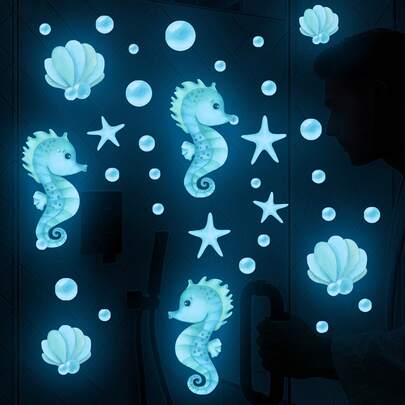 Pegatinas luminosas para decoración del hogar, pegatinas luminosas de pared con diseño de caballito de mar y cielo estrellado, hechas de material PVC, autoadhesivas, antiestáticas e impermeables, pegatinas decorativas luminosas adecuadas para decorar en cualquier lugar.