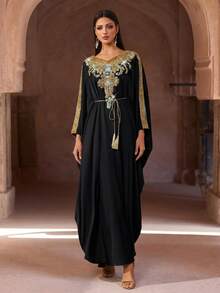 Luxury Pink Embellished Long Sleeve Kaftan Robe, Elegant Middle Eastern Style, Arabic Women's Abaya Robe, Modest And Graceful - Black - View 4
