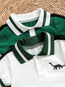 2pcs/Set Baby Boys' Polo Collar Dinosaur Print Short Sleeve Romper, Summer - Multicolor - View 4