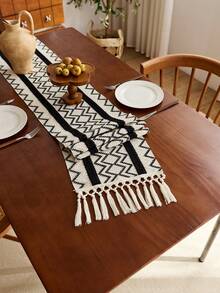 1 Pc Bohemian - Inspired Minimalist Woven Table Runner With Tassels. Features Geometric Line Patterns,For Dining Tables, Round Coffee Tables & Rustic Home Decor,Perfect For Wedding Receptions, Outdoor Parties & Valentine's Decor,Design For Home Decor - Multicolor - View 7