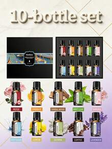 1瓶10毫升水溶性香薰精油补充装，包含薰衣草、百合、香草、玫瑰等10余种香型，有助于放松睡眠、清新空气，适用于加湿器，情人节、婚礼用品。