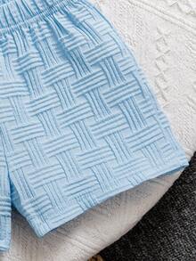 男士夏季新款提花面料 Polo 领刺绣小熊上衣和休闲短裤两件套 - 淺色水洗藍 - 查看 6