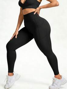 New Plus Size Women Sports Leggings, Soft High Waist High Elasticity Workout Running Tight Pants, Casual Daily Outdoor Cycling Trousers, Solid Color With Pockets Yoga Pants - Black - View 4