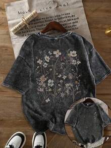 Summer Tops2026Women'S 230g Heavyweight Washed T-Shirt - Vintage Floral & Print Oversized Round Neck Short Sleeve, Y2K Retro Loose Fit Casual Everyday Top, Soft Breathable All-Season Layering Essential (Shipped From Local Warehouse)Summer Clothes Washed Cotton - màu đen - Xem 2