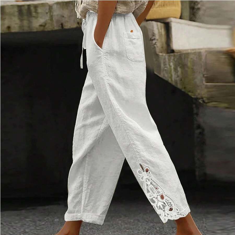 Women's Casual Drawstring Pants Straight Lace Splicing Hollow Fashion Belt Pocket White - 白色 - 查看 1
