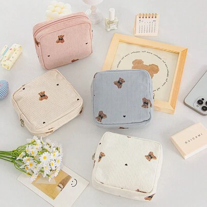 Cute Teddy Bear Design Small Square Bag Corduroy Storage Bag Mini Makeup Bag Cute Sanitary Napkins Storage Bag Soft Fabric Storage Bag Travel Portable Storage Bag Girl Menstrual Pad Storage Bag Mini Lipstick Storage Bag Key Bag Zero Wallet Coin Wallet Card Bag Miscellaneous Storage Bag Hair Storage Various Festival Gifts, Travel Essentials, Vacation, Storage And Organization Back To School Supplies