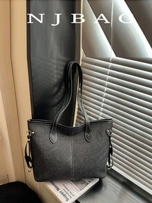 中号休闲拼接单肩托特包，简约手拿包，适合女性购物、通勤、旅行和日常使用；复古大容量单肩托特包，适合女性、大学生购物、返校和日常使用。 - 黑色 - 查看 2