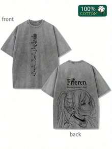 1pc Frieren Shirt - Beyond Journey's End Anime DoublePrinted Vintage Washed Tee Unisex OversizeHeavyweight Cotton T-Shirt For Anime Fans AndLovers Graphic Tee Shirts - 灰色 - 查看 7