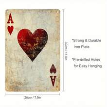 2D Flat: This Is A Vintage Metal Sign With 2D Flat Design, Measuring 8.0X 12.0inch Inches. It Showcases A Rustic Aesthetic With A Distressed Yellow Background And Red And White Playing Card Patterns, Room Decorations - Multiple - View 6