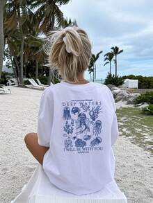 Women's Summer T-Shirt With Marine Life Print, Casual Holiday Style, Versatile, Round Neck, Short Sleeves, Fashionable Summer Colors - 白色 - 查看 6