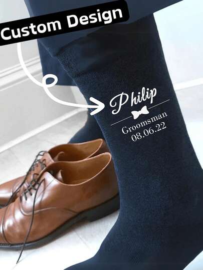 1 Pair Customizable Wedding Date Socks, Black, Personalized Text Socks, Groomsmen Socks, Men's Personalized Socks, Best Man Socks, Unique Wedding Memento For Father, Ideal Gift For Him, Fashionable For Autumn Season