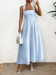 女士春夏无袖拉链褶皱连衣裙，休闲优雅风格，适合海滩、度假、约会、音乐节、情人节、生日派对等场合。 - 藍色 - 查看 10