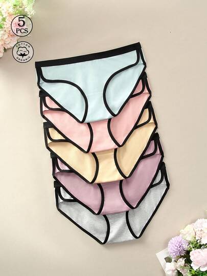 5pcs Women's Underwear Set, Low-Waist Elastic Cotton Sporty Style Panties, Fashion Minimalist Comfortable Underwear For Sports, Fitness, Home, Lifestyle, Black Trim Bikini Briefs, Multi-Color Panties And Bra Combination Set