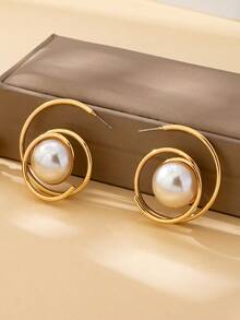 1对女士耳环，时尚镂空仿珍珠耳环，百搭饰品礼品，适合日常佩戴 - 金黃色 - 查看 1