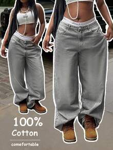 Boyfriend Style Women's Denim Jeans (Couple Style Plus Size Retro Jeans), Spring Fashion Sports Jeans, High Waist, Full Length, Casual Outdoor Pants, Multi-Functional Daily Wear, Casual Street Style, Suitable For All Seasons - Xám - Xem 1
