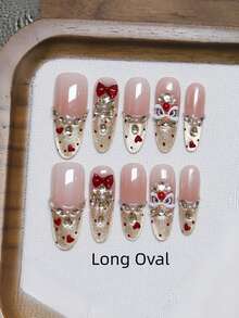 10片手工美甲，椭圆棺材形亚克力按压式美甲，短款、中款、长款可选，柔和粉色美甲，闪亮金色猫眼法式美甲，波点爱心舞狮图案，3D蝴蝶结镶钻美甲，新年礼物，时尚优雅简约新年美甲，冬季假指甲，节日美甲，适合派对、日常、约会、海滩、热带度假等场合，DIY美甲，适合女性和女孩作为礼物美甲用品 - 粉色 - 查看 15