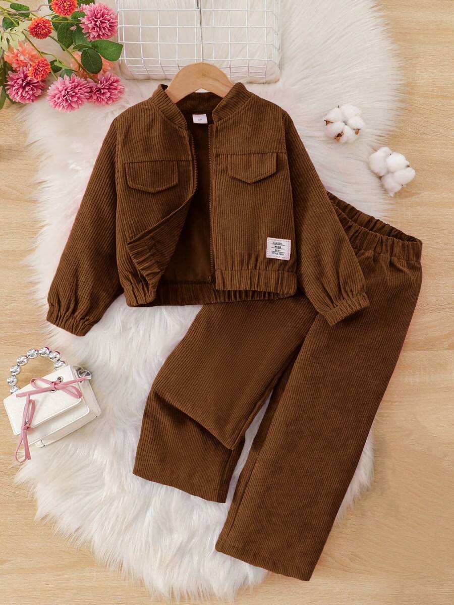 两件套女童休闲纯色柔软舒适灯芯绒长袖外套和裤子套装，适合秋冬季户外穿着 - 咖啡棕 - 查看 1