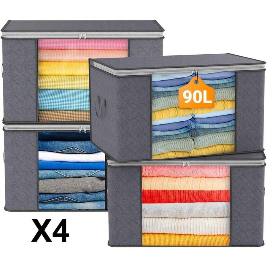 Clothes Storage Bag 4Pack 90L Large Capacity Solution Organizer For Clothes, Duvets, Comforters, Blankets, Bedding With Zip And Clear Window Reinforced Handle Thick And Breathable - Grey - View 1
