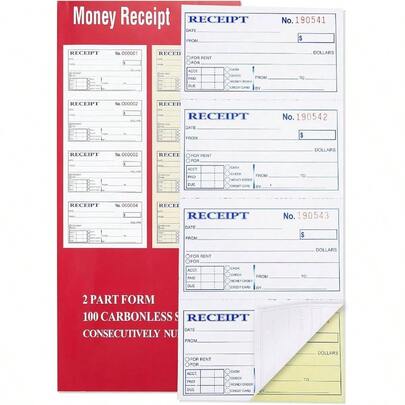 Receipt Book With Carbon Copies, 2 - Part Carbonless, Sets Per Book, 4 Receipts Per Page