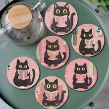 Black Cat Design Wooden Coasters For Home Dining Table - Non-Slip Decorative Drink Coasters, Suitable For Coffee And Tea Cups, For Home And Cafe Use, Holiday Gift For Friends, Suitable For All Seasons - Wooden Board-circle Coaster - View 4