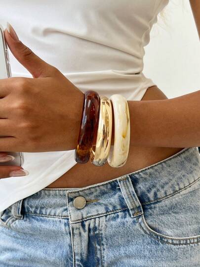 3pcs Vintage Resin Amber Texture Acrylic Bangle Bracelets, Fashion Stackable Design, Suitable For Women's Daily Wear (Resin Bracelet Color May Vary Slightly By Batch)