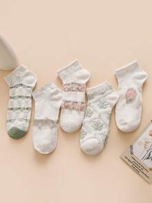 5双装女士春夏水晶拼接花卉图案时尚透气短袜