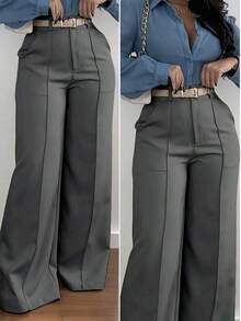 Solid Color Zipper Pocket Button Waistless Elegant Fashion Versatile Suit Pants For Commuting - 深灰色 - 查看 2